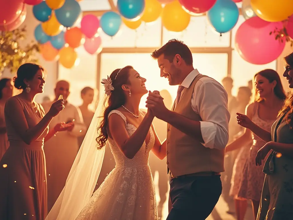 A joyful bride and groom dancing at their wedding, surrounded by colorful balloons and happy guests, capturing a warm and loving family celebration.